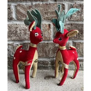 Set of 2 Vintage Fun Farm Christmas Red Velveteen 10" Reinder Plush Figurines